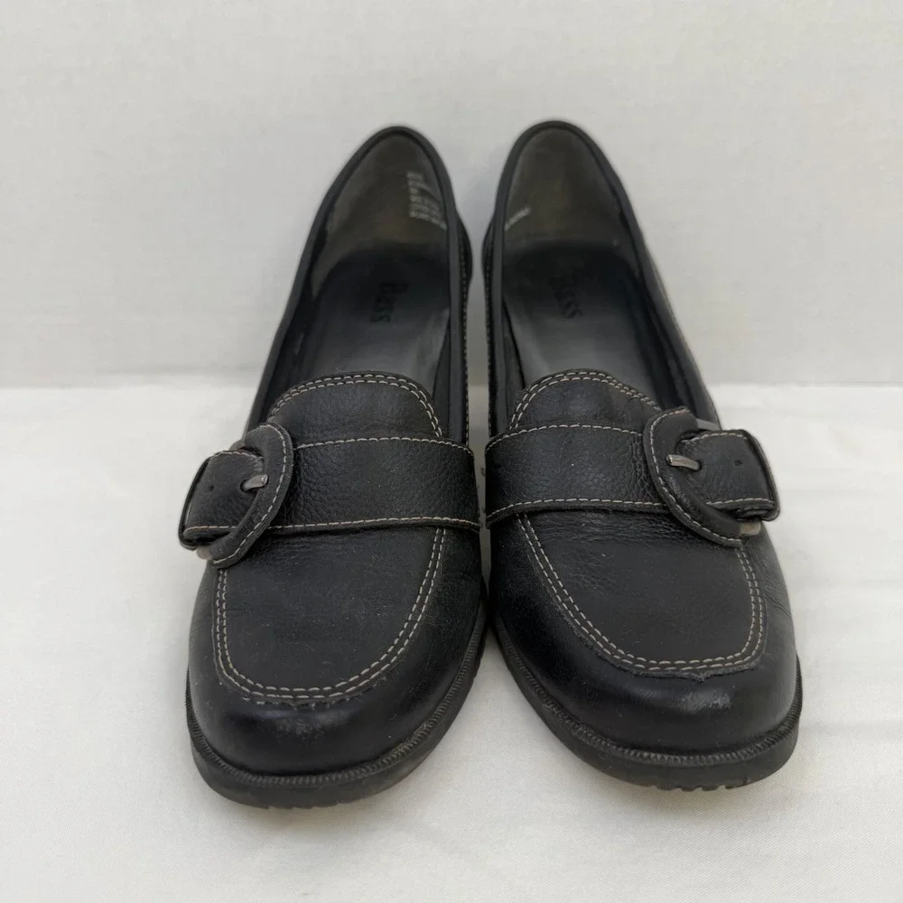 Vintage Y2K Bass Shana Black Leather Heeled Loafers Buckle Block Heel Pumps 7M